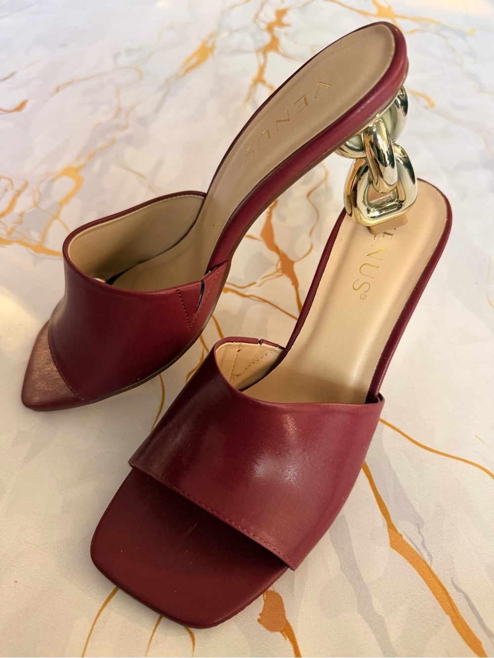 VENUS Wine Red Slide Mules with Gold Chain Heel
